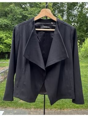 Ellie Tahari Cascade Collar Open Front Black Short Jacket Blazer, Elegant S-M